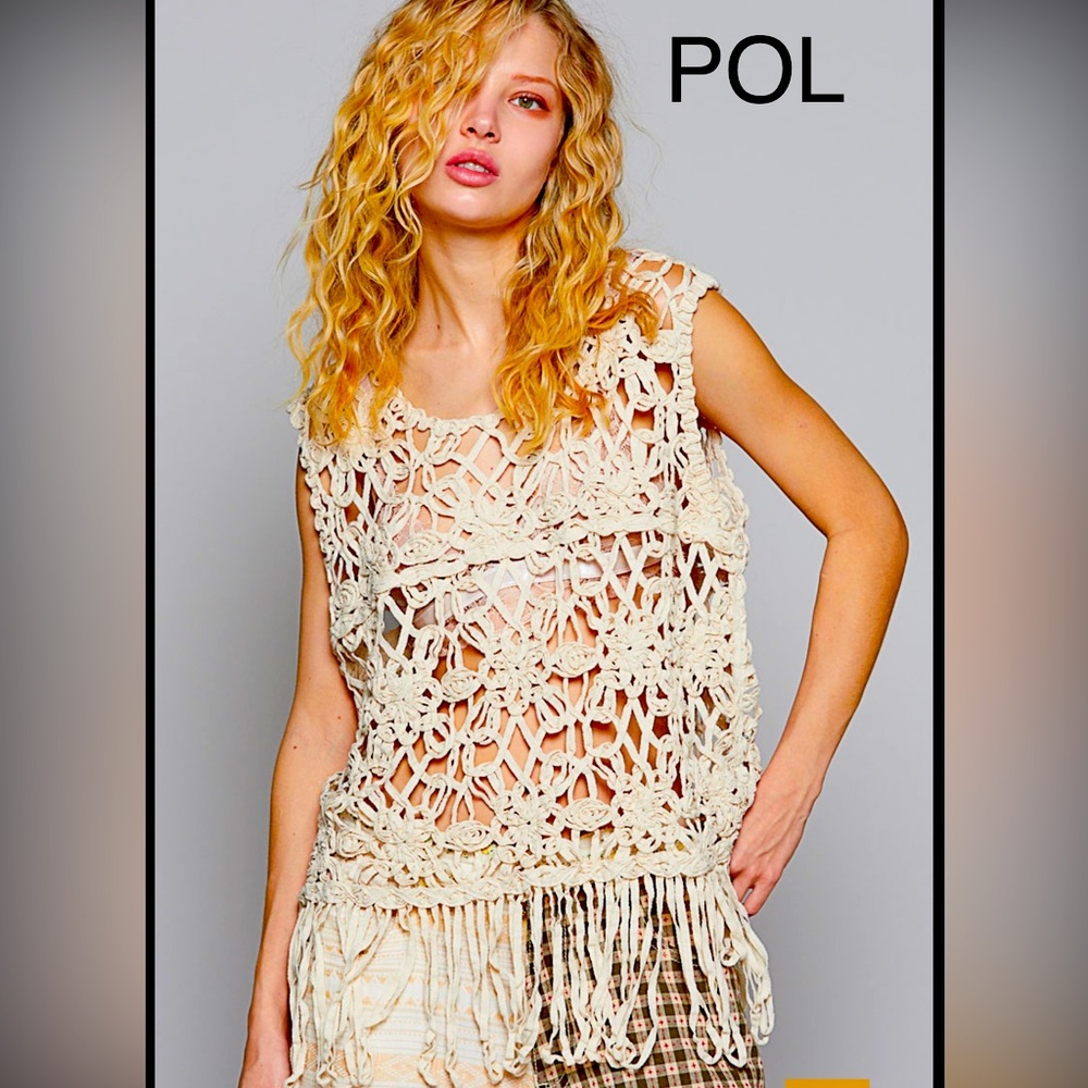 BP31-6🤍POL pretty Cream Crochet Fringe Top adds touch of festival magic2bottoms!